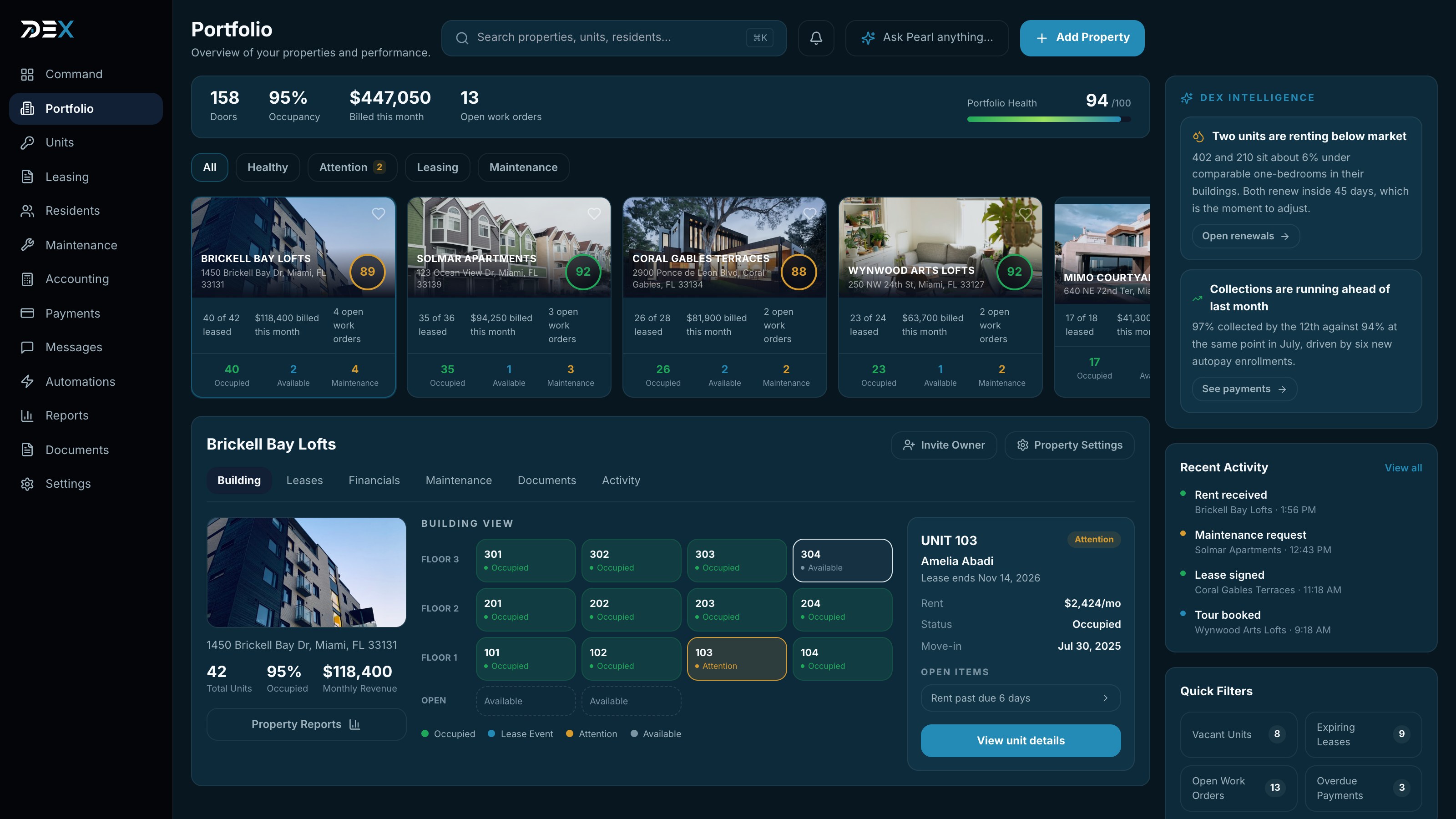DEX OS: portfolio health, live properties, unit detail and lease renewals on one screen.