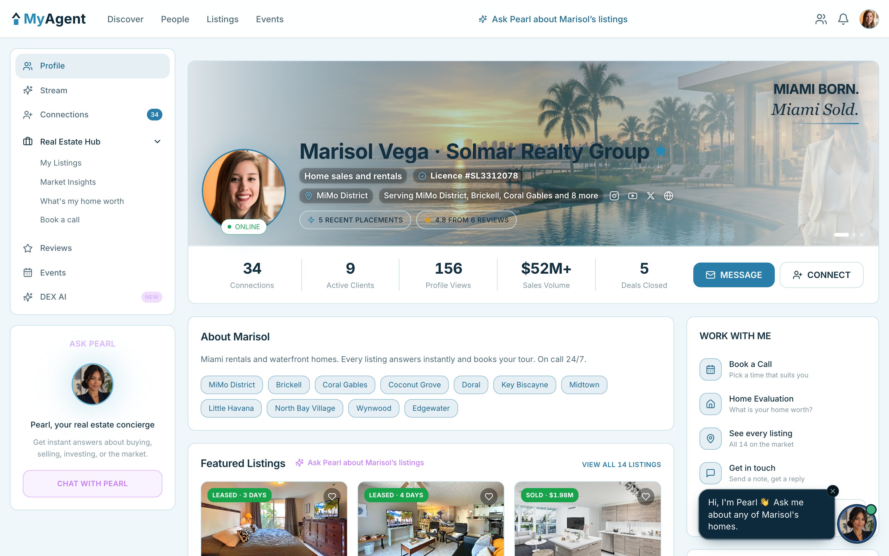 An agent's DEX portal: their listings, their reviews, and Pearl answering a buyer's question.